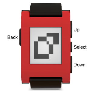 The Pebble's four buttons: "Back" on the left side and "Up," "Select," and "Down" on the right side.