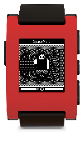 A Fim Soldier from the SpaceMerc Pebble game as seen on a red Pebble watch.