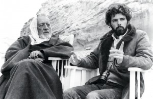 George Lucas and Sir Alec Guinness on the set of the original Star Wars film.