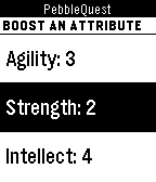 Agility, Strength, and Intellect: the three primary attributes in PebbleQuest as seen in the level-up menu.